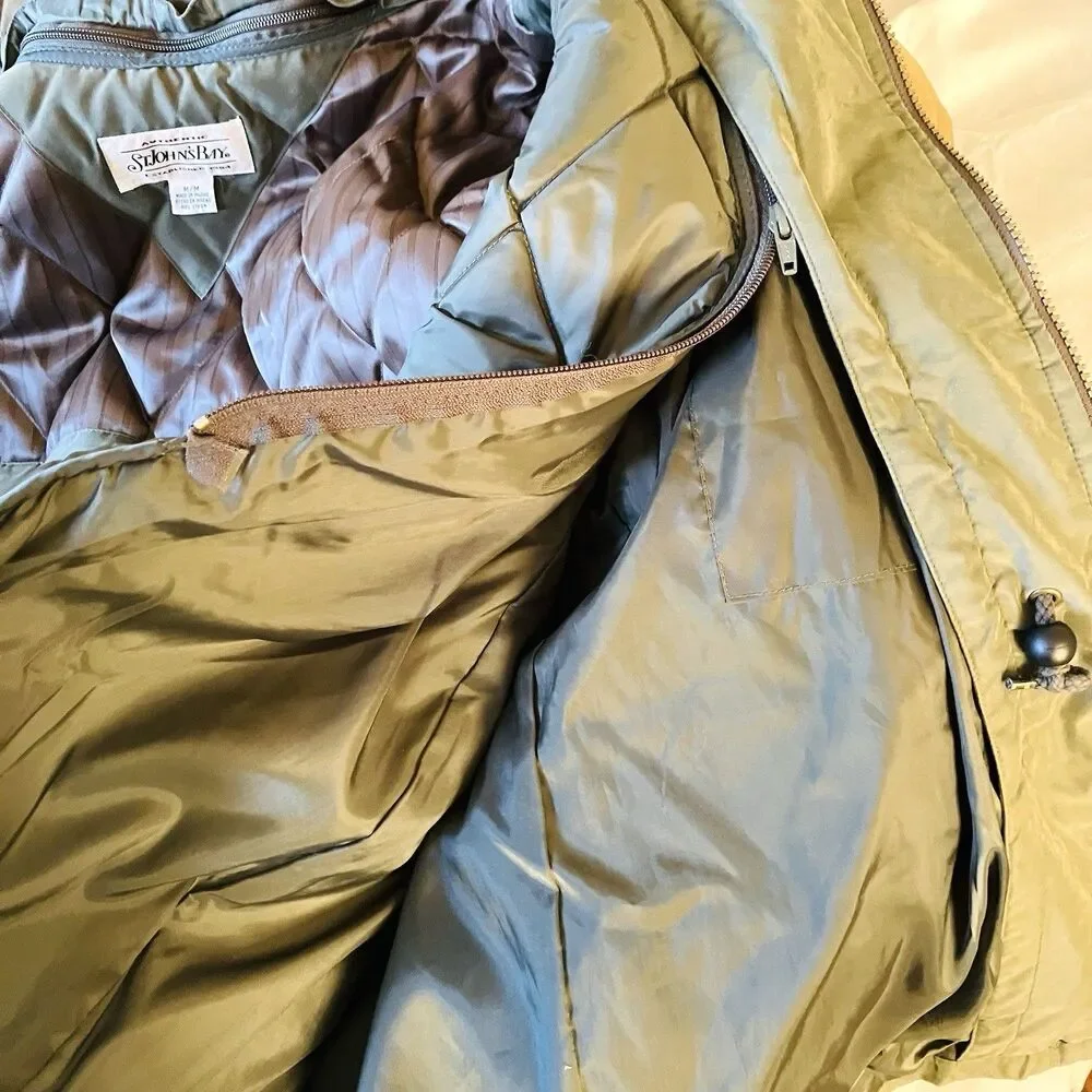 St Johns Bay Vintage Winter Jacket Hooded M Army Green Removable Liner Quilted
